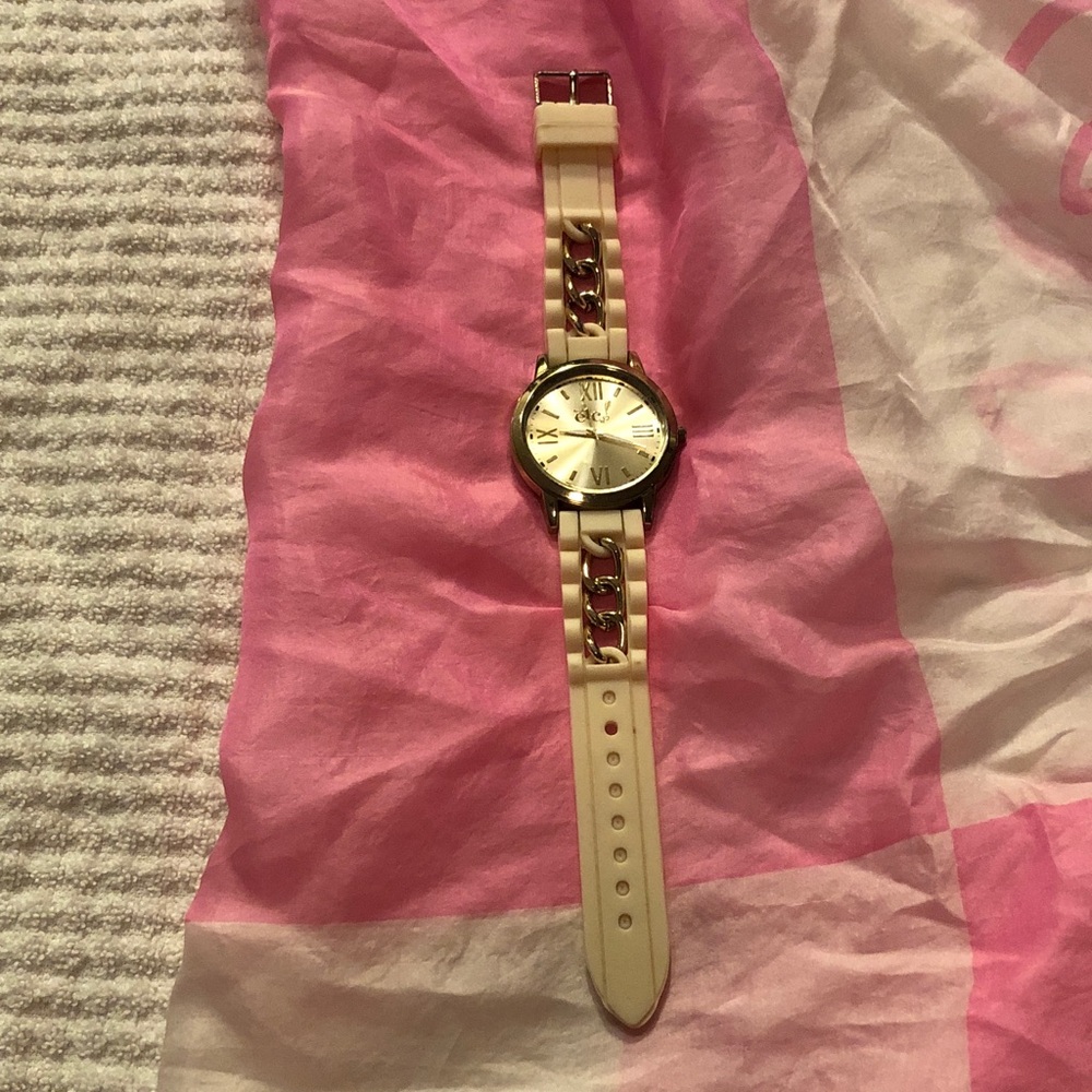 Rue21 Gold tone Watch with Cream Strap EUC Battery must be replaced